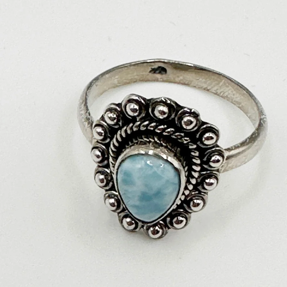 NEW Larimar Teadrop Cut .925 Sterling Silver Ring‎ Sz 8 Bezel Southwestern